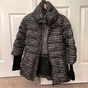 [S] Fila Puffer Jacket Boucle Goose Women’s Mixed Colors Knit Sleeve Tweed